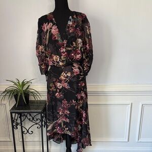 NWOT Gabby Skye Anthropologie Black Red Floral High Low Long Sleeve Dress 22